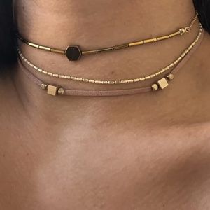 Suede Beaded Triple Layered Gold Choker Necklace